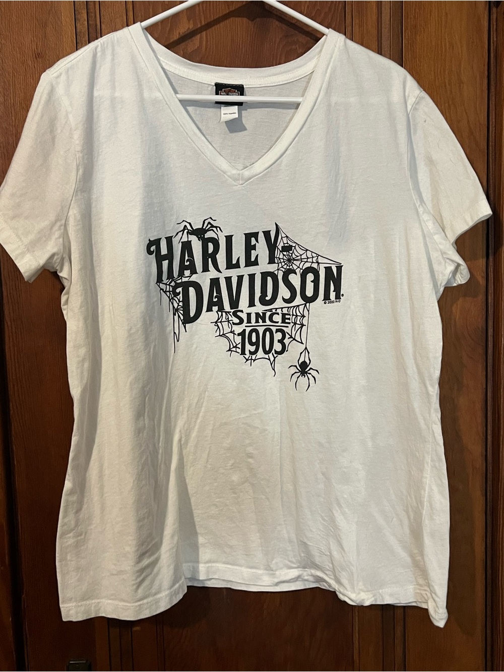 Harley-Davidson White V-Neck Tee with Black Logo Tag